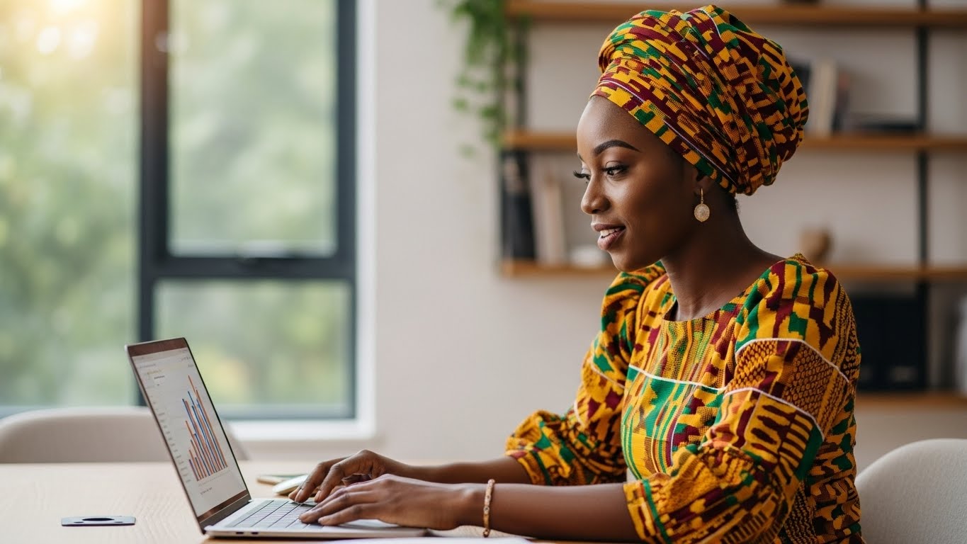 Business woman looking at laptop, representing online credibility