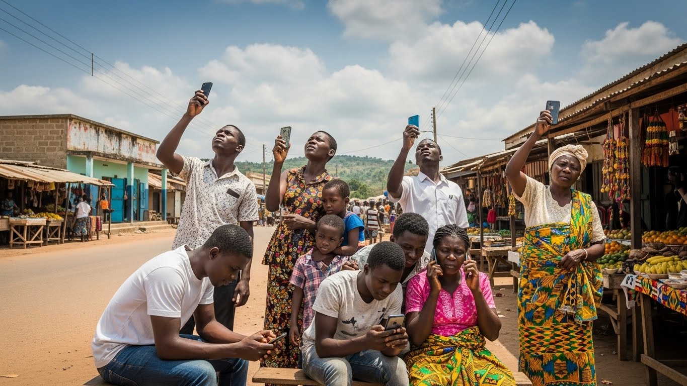 People using phones in an area with limited connectivity